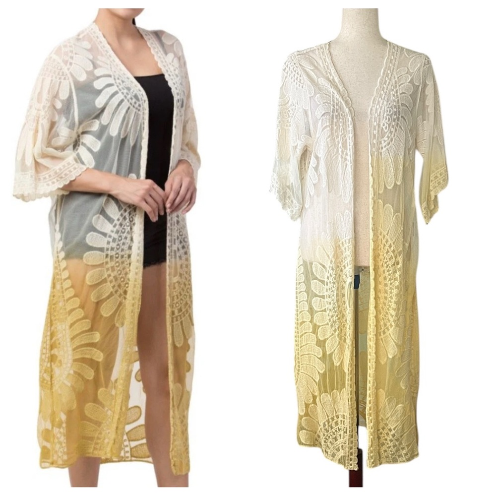 Rebellion Again ombre lace duster kimono in a yellow and white color